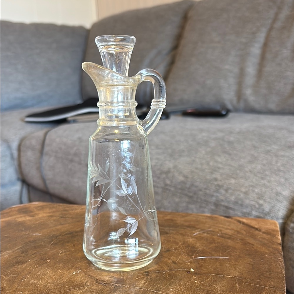Etched Elegant Clear Mini Glass Decanter with Floral Design Part of Glass Cruet?